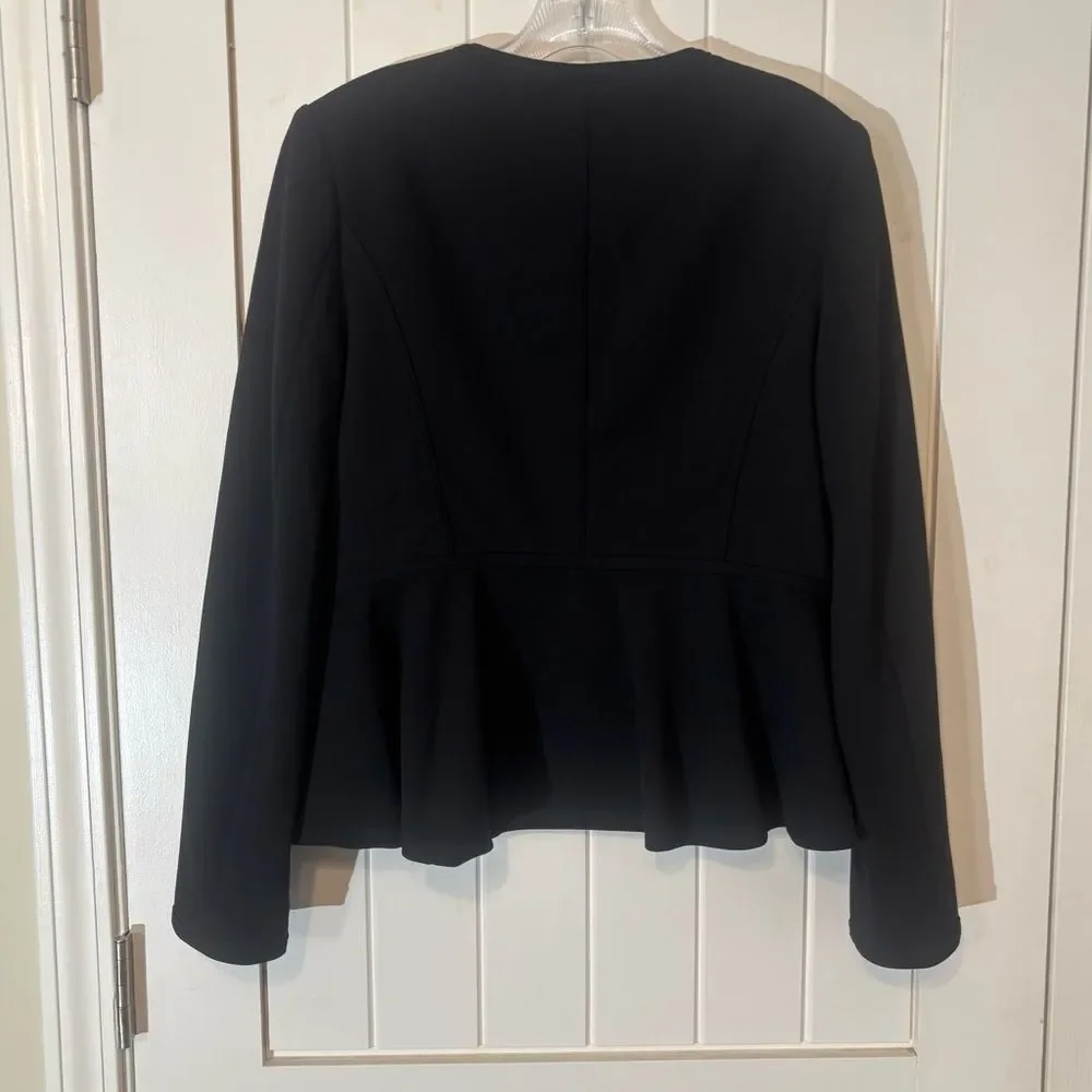 DKNY Black Women's Peplum Blazer Jacket Collarless Crew Neckline Gold Front Zip
